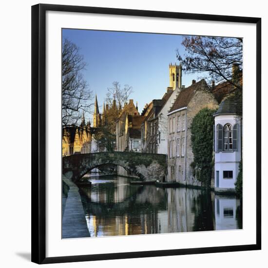 Canal View with Belfry in Winter, Bruges, West Vlaanderen (Flanders), Belgium, Europe-Stuart Black-Framed Photographic Print