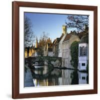 Canal View with Belfry in Winter, Bruges, West Vlaanderen (Flanders), Belgium, Europe-Stuart Black-Framed Photographic Print