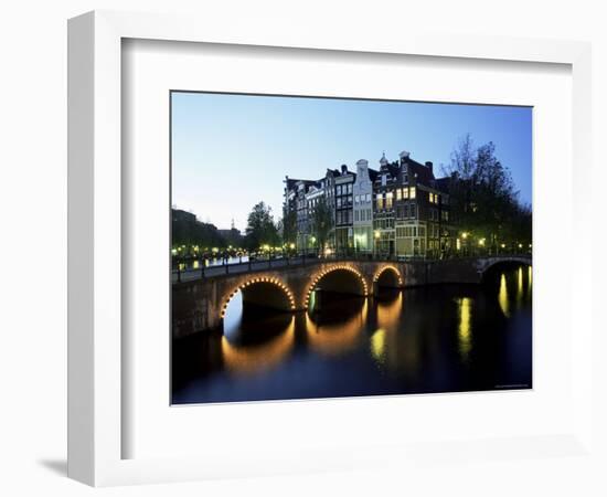 Canals, Illuminated Bridges and Traditional Buildings at Night, Amsterdam, Holland-Lee Frost-Framed Photographic Print