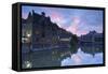 Canalside cafes on Leie Canal at sunset, Ghent, Flanders, Belgium, Europe-Ian Trower-Framed Stretched Canvas