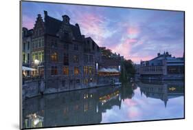 Canalside cafes on Leie Canal at sunset, Ghent, Flanders, Belgium, Europe-Ian Trower-Mounted Photographic Print