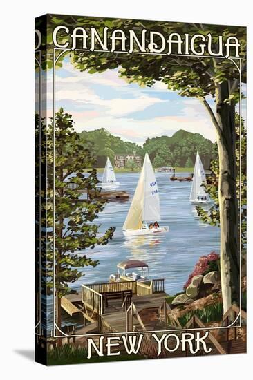 Canandaigua, New York - Lake View with Sailboats-Lantern Press-Stretched Canvas