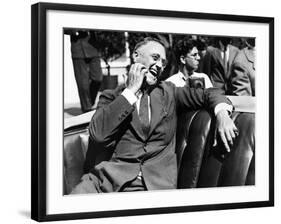 Candid Portrait of President Franklin Roosevelt Speaking to Informally to Greeters at Hyde Park, NY-null-Framed Photo