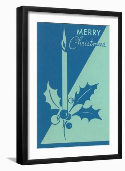 Candle and Holly, Blue-null-Framed Art Print