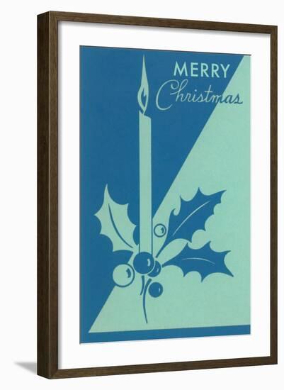 Candle and Holly, Blue-null-Framed Art Print