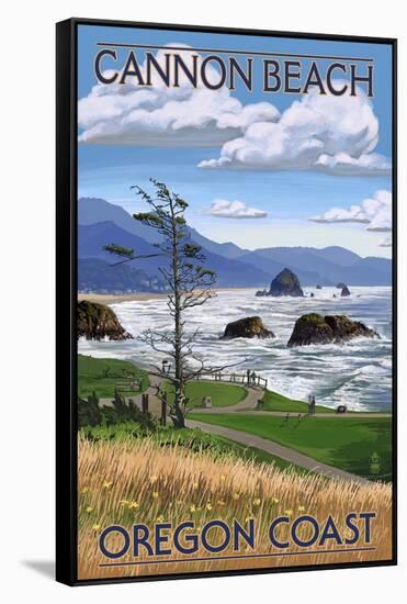 Cannon Beach, or - Oregon Coast View-Lantern Press-Framed Stretched Canvas