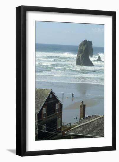 Cannon Beach, Oregon. People Walking with Dog-Natalie Tepper-Framed Photo