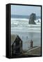 Cannon Beach, Oregon. People Walking with Dog-Natalie Tepper-Framed Stretched Canvas