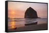 Cannon Beach, Oregon. Two seagulls on the wet beach bask in sunset at the Haystack Mountains,-Jolly Sienda-Framed Stretched Canvas