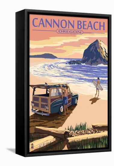 Cannon Beach, Oregon - Woody and Haystack Rock-Lantern Press-Framed Stretched Canvas