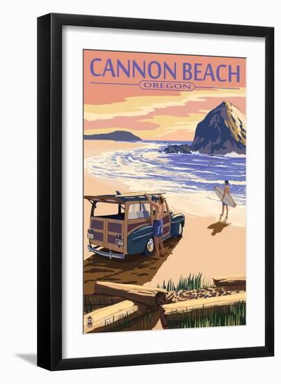 Cannon Beach, Oregon - Woody and Haystack Rock-Lantern Press-Framed Art Print