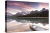 Canoe and Mountain Reflection in Waterfowl Lakes, Alberta, Canada-Lindsay Daniels-Stretched Canvas