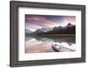 Canoe and Mountain Reflection in Waterfowl Lakes, Alberta, Canada-Lindsay Daniels-Framed Photographic Print
