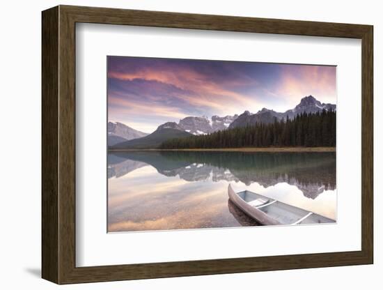 Canoe and Mountain Reflection in Waterfowl Lakes, Alberta, Canada-Lindsay Daniels-Framed Photographic Print