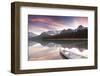 Canoe and Mountain Reflection in Waterfowl Lakes, Alberta, Canada-Lindsay Daniels-Framed Photographic Print