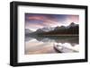 Canoe and Mountain Reflection in Waterfowl Lakes, Alberta, Canada-Lindsay Daniels-Framed Photographic Print