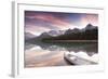 Canoe and Mountain Reflection in Waterfowl Lakes, Alberta, Canada-Lindsay Daniels-Framed Photographic Print