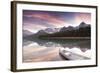 Canoe and Mountain Reflection in Waterfowl Lakes, Alberta, Canada-Lindsay Daniels-Framed Photographic Print