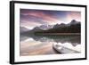 Canoe and Mountain Reflection in Waterfowl Lakes, Alberta, Canada-Lindsay Daniels-Framed Photographic Print