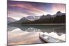 Canoe and Mountain Reflection in Waterfowl Lakes, Alberta, Canada-Lindsay Daniels-Mounted Photographic Print