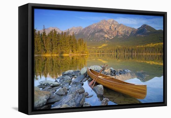 Canoe at Pyramid Lake with Pyramid Mountain in the Background-Miles Ertman-Framed Stretched Canvas