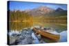 Canoe at Pyramid Lake with Pyramid Mountain in the Background-Miles Ertman-Stretched Canvas