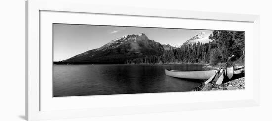 Canoe in Lake in Front of Mountains, Leigh Lake, Rockchuck Peak, Teton Range-null-Framed Photographic Print