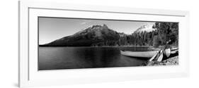 Canoe in Lake in Front of Mountains, Leigh Lake, Rockchuck Peak, Teton Range-null-Framed Photographic Print