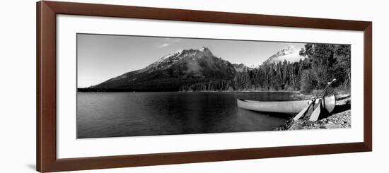 Canoe in Lake in Front of Mountains, Leigh Lake, Rockchuck Peak, Teton Range-null-Framed Photographic Print