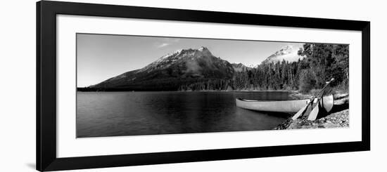 Canoe in Lake in Front of Mountains, Leigh Lake, Rockchuck Peak, Teton Range-null-Framed Photographic Print