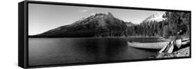 Canoe in Lake in Front of Mountains, Leigh Lake, Rockchuck Peak, Teton Range-null-Framed Stretched Canvas