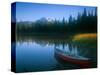 Canoe in Sparks Lake, Broken Top Mountain in Background, Cascade Mountains, Oregon, USA-Janis Miglavs-Stretched Canvas