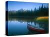 Canoe in Sparks Lake, Broken Top Mountain in Background, Cascade Mountains, Oregon, USA-Janis Miglavs-Stretched Canvas