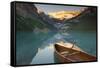 Canoe on Lake Louise at Sunrise-Miles Ertman-Framed Stretched Canvas