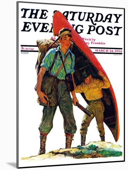 "Canoe Portage," Saturday Evening Post Cover, March 24, 1934-Eugene Iverd-Mounted Giclee Print