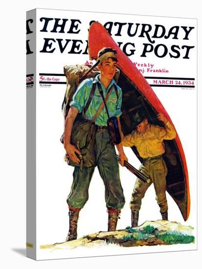 "Canoe Portage," Saturday Evening Post Cover, March 24, 1934-Eugene Iverd-Stretched Canvas