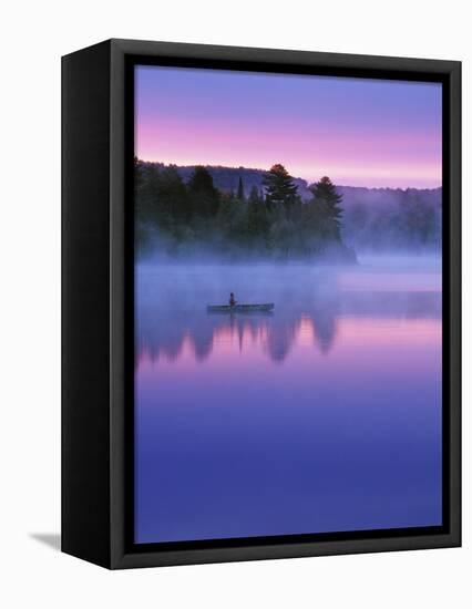 Canoeist on Lake at Sunrise, Algonquin Provincial Park, Ontario, Canada-Nancy Rotenberg-Framed Stretched Canvas