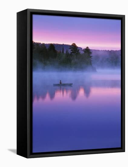 Canoeist on Lake at Sunrise, Algonquin Provincial Park, Ontario, Canada-Nancy Rotenberg-Framed Stretched Canvas