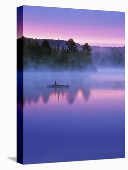 Canoeist on Lake at Sunrise, Algonquin Provincial Park, Ontario, Canada-Nancy Rotenberg-Stretched Canvas