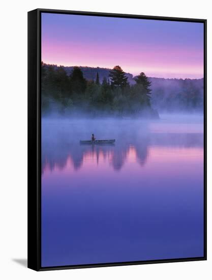 Canoeist on Lake at Sunrise, Algonquin Provincial Park, Ontario, Canada-Nancy Rotenberg-Framed Stretched Canvas