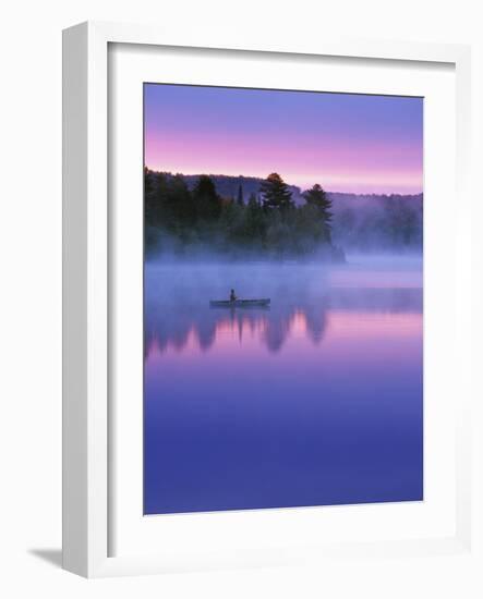 Canoeist on Lake at Sunrise, Algonquin Provincial Park, Ontario, Canada-Nancy Rotenberg-Framed Photographic Print