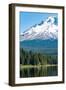 Canoes and rowboat on the still waters of Trillium Lake with Mount Hood, part of the Cascade Range,-Martin Child-Framed Photographic Print