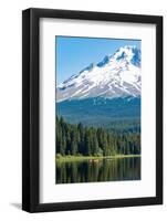 Canoes and rowboat on the still waters of Trillium Lake with Mount Hood, part of the Cascade Range,-Martin Child-Framed Photographic Print