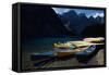 Canoes at Moraine Lake in Banff-W. Perry Conway-Framed Stretched Canvas