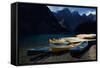 Canoes at Moraine Lake in Banff-W. Perry Conway-Framed Stretched Canvas