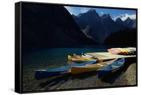 Canoes at Moraine Lake in Banff-W. Perry Conway-Framed Stretched Canvas