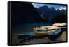 Canoes at Moraine Lake in Banff-W. Perry Conway-Framed Stretched Canvas