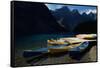 Canoes at Moraine Lake in Banff-W. Perry Conway-Framed Stretched Canvas