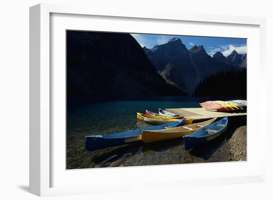 Canoes at Moraine Lake in Banff-W. Perry Conway-Framed Photographic Print