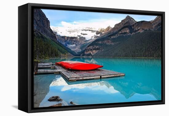 Canoes of Lake Louise, Alberta, Canada-George Oze-Framed Stretched Canvas